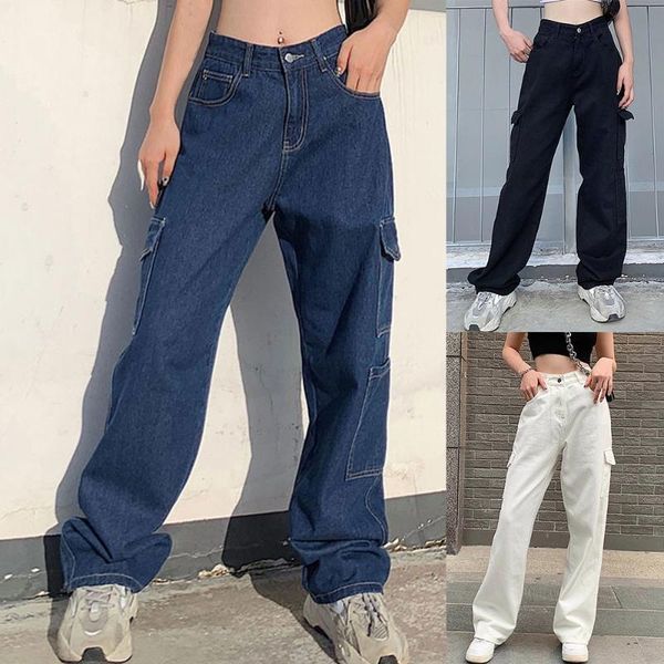 

pockets patchwork high waist jeans women streetwear straight jean femme blue 100% cotton cargo pants