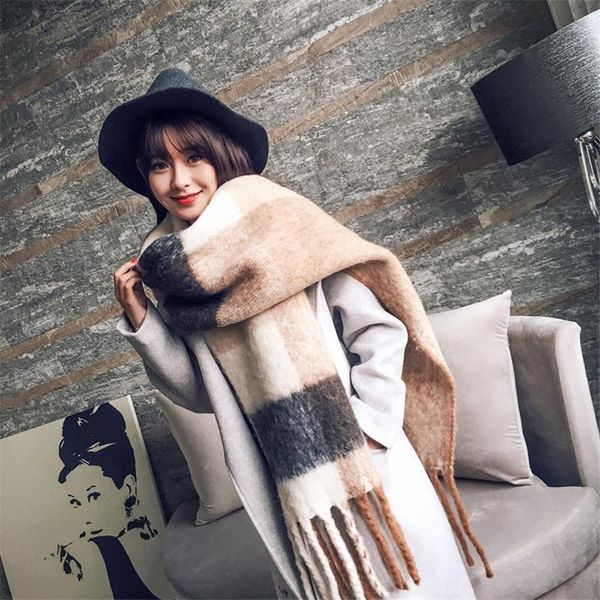 

scarves 2021 fashion cashmere women plaid scarf winter warm shawl bandana long tassel femme foulard thick blanket scarfs, Blue;gray