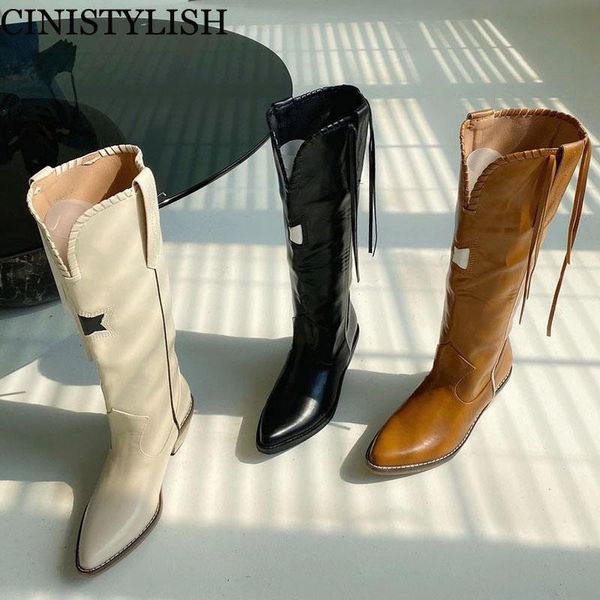 

winter women boots slip on knee-high fashion pointed toe cowboy boots low heel western black shoes 2020