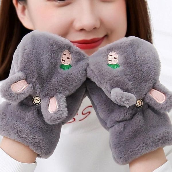 

winter warm plush women flip half-finger gloves cute cartoon cat animals girls short fingerless gloves screen mittens, Blue;gray