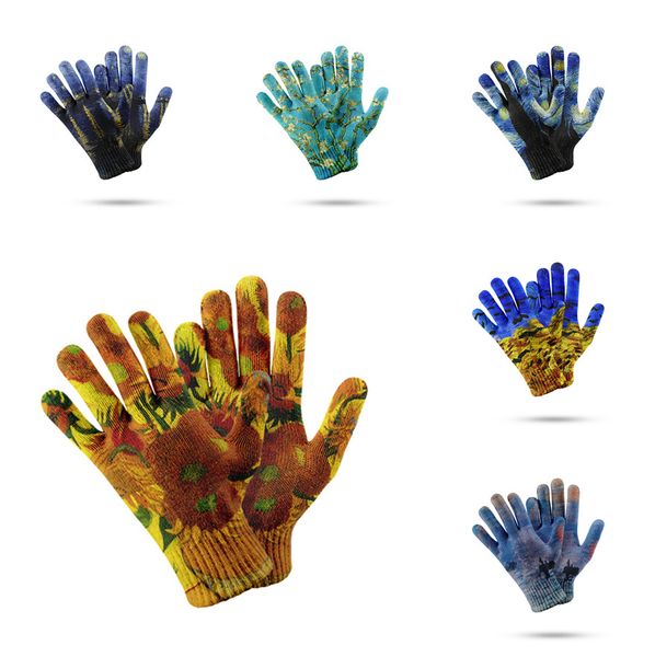 

the famous van gogh sunflower oil painting knitted women and men winter warm 3d print non-slip touch screen gloves