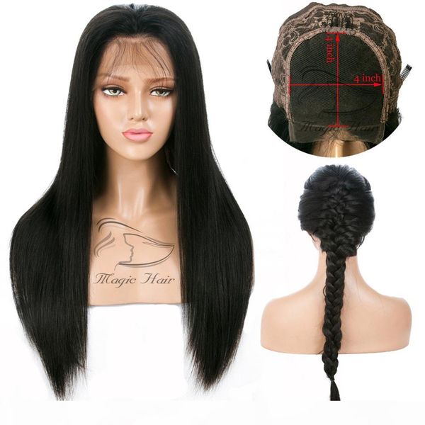 

4*4 lace closure human hair wigs brazilian lace front human hair wigs for black women remy straight 130% 4x4 closure wig, Black;brown