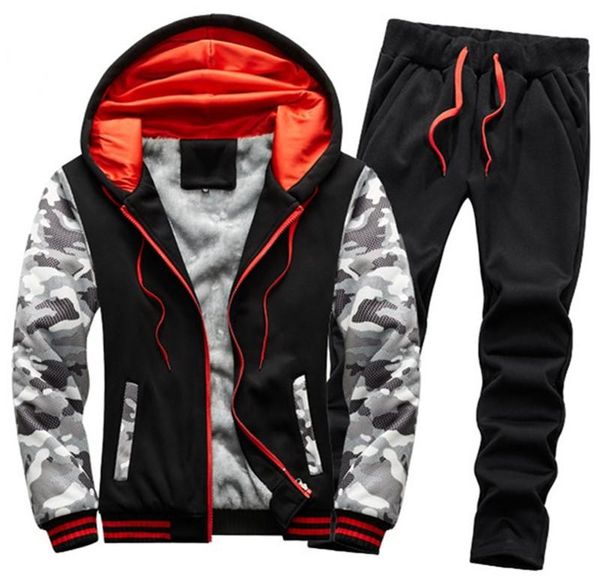 

men winter tracksuits jacket pants plus size camouflage sleeves thicken fleece plush sweatshirt sportswear male hooded sporting, Gray