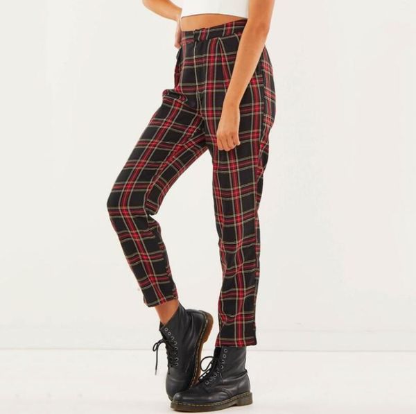 

autumn plaid women's straight pants ankle-length zipper casual mid waist trousers1, Black;white