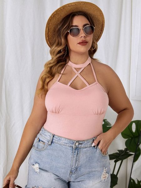 

plus criss cross tie backless bodysuit f4pj#, Black