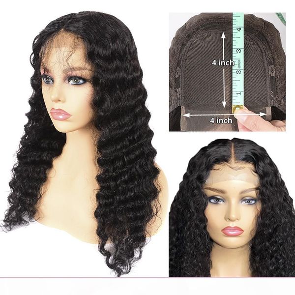 

brazilian 4x4 lace closure wigs deep wave lace frontal wigs pre-plucked with baby hair angelawigs virgin human hair 150% density, Black;brown