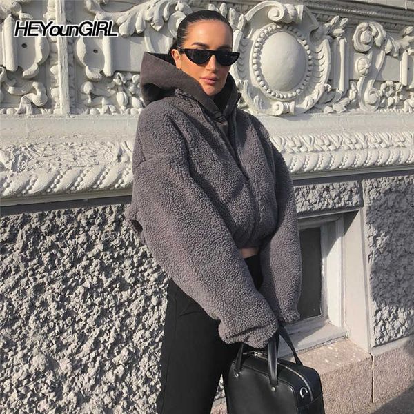 

heyoungirl lambswool casual fuax fur coats women warm autumn gray crop jacket fashion long sleeve overcoat female streetweart201030, Black