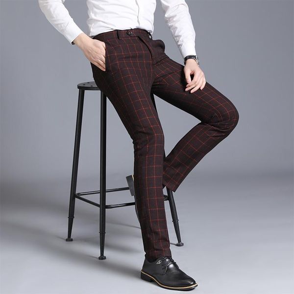 

new men fashion business dress casual pants mens lattice straight pants men dress length trousers long man, Black