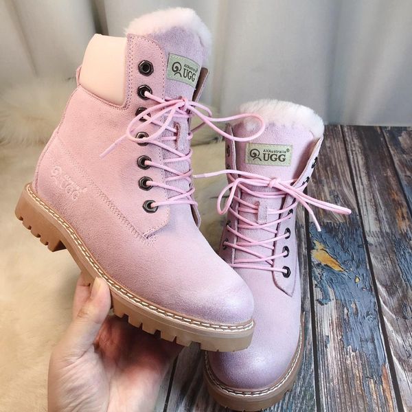 

designer womens boots pink suede with fluff gradient round head low heel with box size 35-40, Black