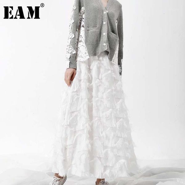 

eam] 2019 spring new fashion black white tassels stitching big pendulum long type half-body skirt women yc2371