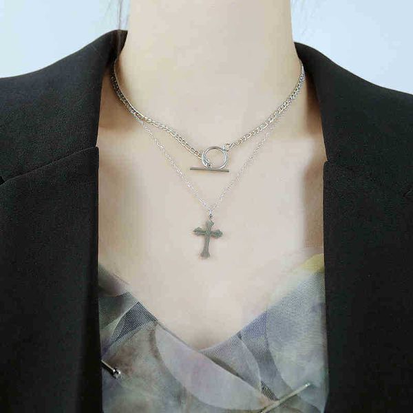 

double layer can be split stainls steel hip hop cross necklace, Silver