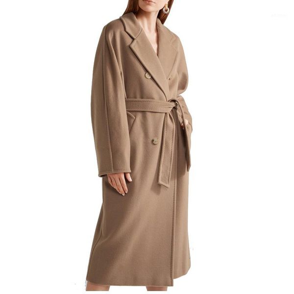 

winter women wool coat 2020 elegant warm long office camel coat korean style fashion female double breated outerwear with belt1, Black