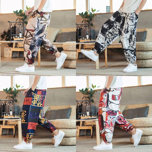 

9apn6 2019 весной мужской летом новый случайный брюки хлопка китайского стиля хлопок и лен печатный и случайные белье больших размеров модны, Blue