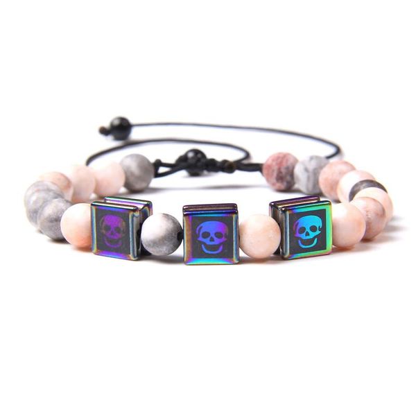 

electroplated charm skull bracelets men vintage adjustable braid bracelet women natural pink zebra stone beads pulsera jewelry, Black