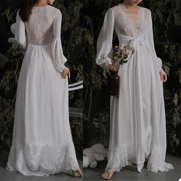 Sexy vestidos nupciais mulheres vestes vestidos de noiva ilusão lace manga longa apliques chiffon nightdress camisola sleepwear