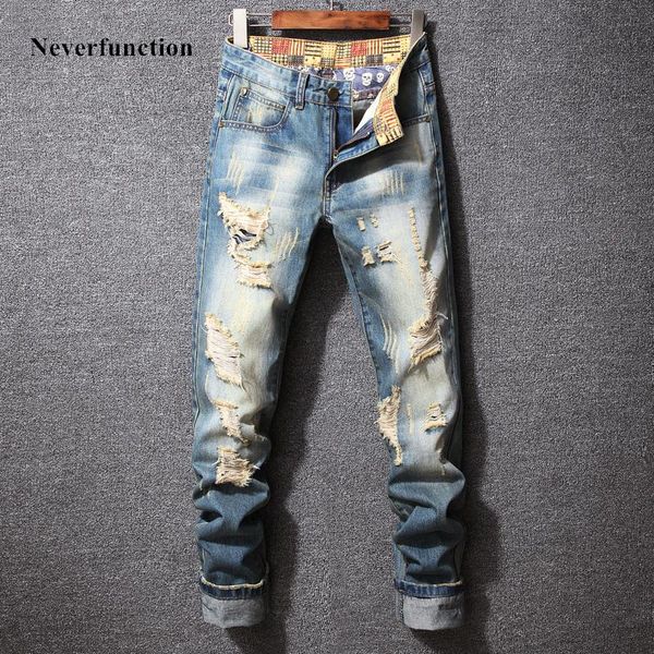 

men's jeans men ripped vintage blue slim fit straight trousers hip hop streetwear fashion destroyed holes denim pants plus size 40