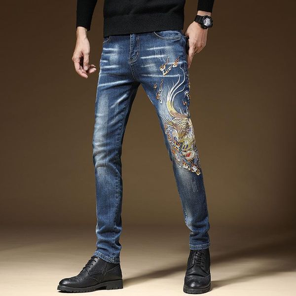 

mens dragon embroidery fashion jeans streetwear slim fit stretch punk jeans man hip hop cotton casual denim trousers, Blue