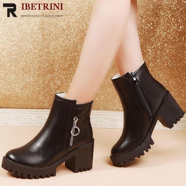 

boots ribetrini women fashion high heels platform shoes metal zipper ankle 2021 short plush warm, Black