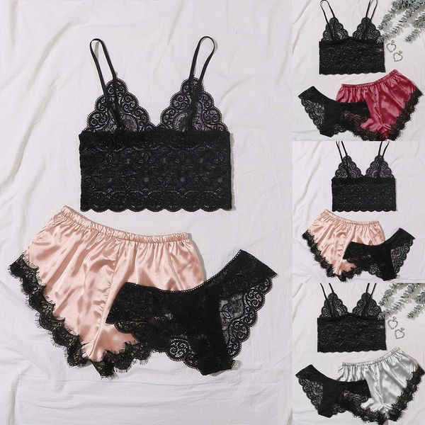 

3pcs women lace female home clothes nightie camisole pajamas sleepwear shorts set lingerie, Black;white