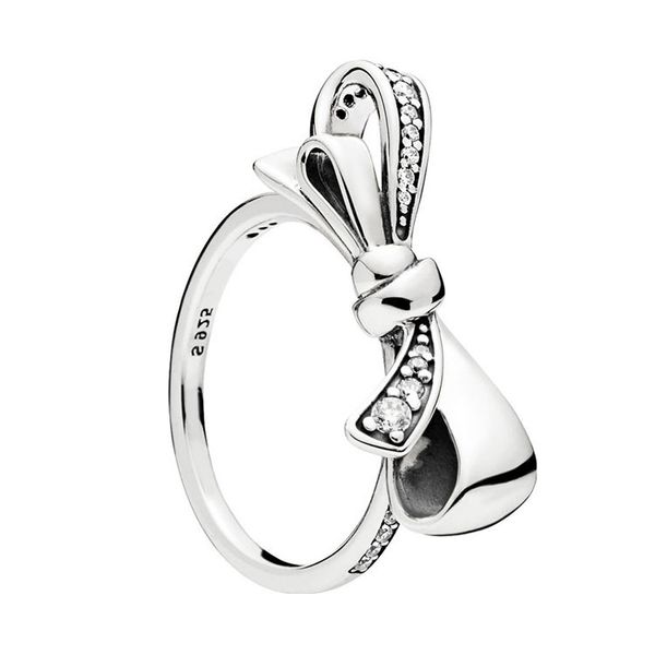 

designer 925 sterling silver brilliant bow ring set original box for pandora women wedding cz diamond bowknot ring, Slivery;golden