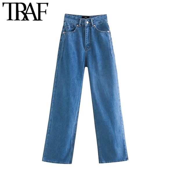 

traf women fashion side pockets faded wide leg jeans vintage high waist zipper fly denim female trousers mujer 201223, Blue