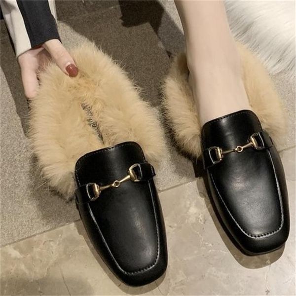 

buckle fluffy home slippers woman winter indoor plush slipper with shoes women 2021 luxury furry 426n, Black