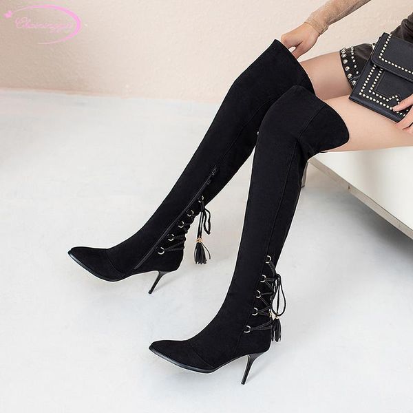 

casual style pointed toe flock over knee boots lace-up zipper black red high heel stiletto riding boots women's shoes1