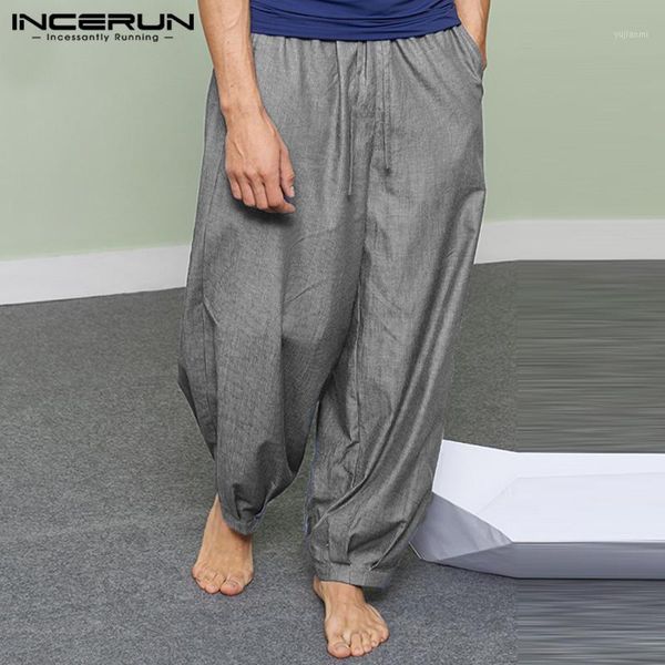 

incerun loose men striped pants drawstring joggers vintage wide leg trousers men 2020 homewear comfortable pantalones hombre 5xl1, Black