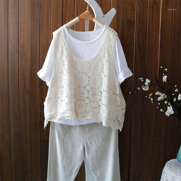 

new fashion knitted tank outwear sleeveless vest cropped loose brief style summer crochet flower hollow out women1, White