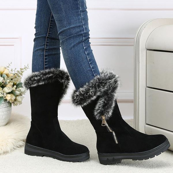 

boots women's winter flat bottom non-slip warm fur in the tube shoes side pull, Black