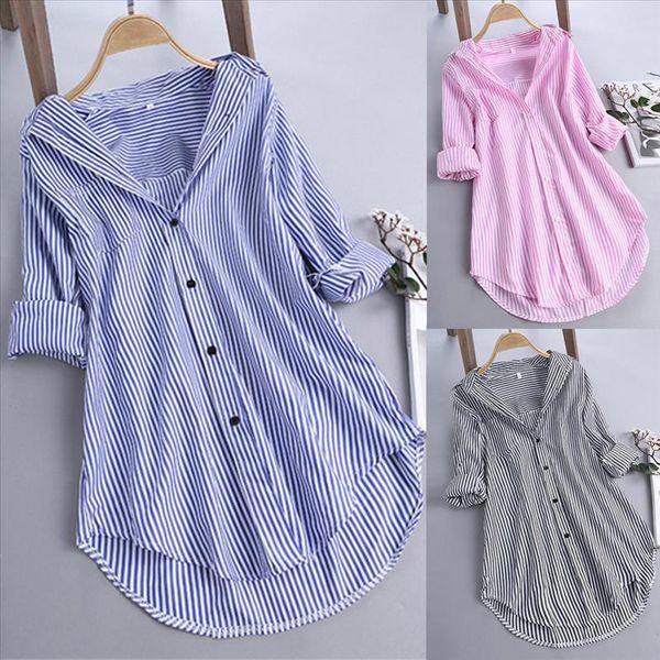 

women shirts stripe cotton long sleeve turn down collar pink button loose temperament elegant summer blouse shirts, White