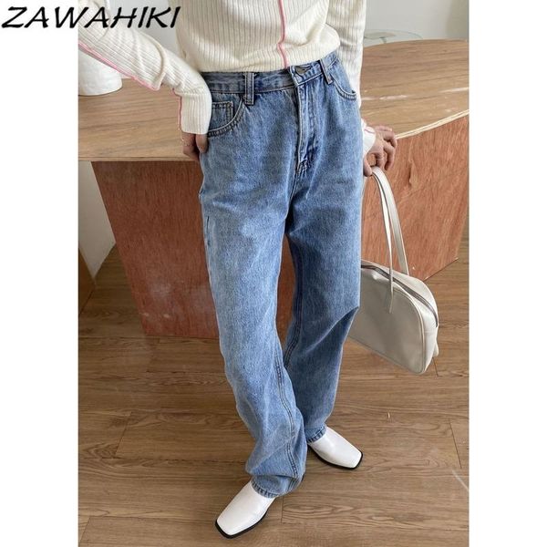 

zawahiki spring fashion women denim jeans high-waist straight jeans for women loose casual female long pant capris, Blue