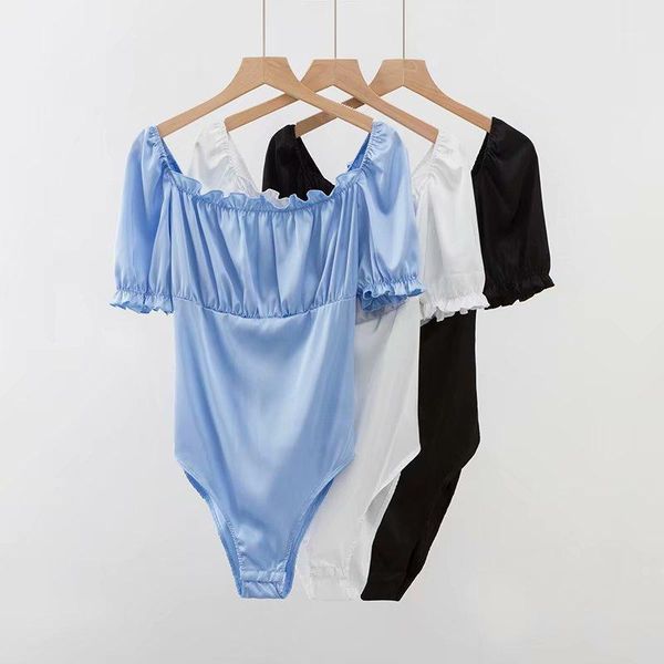 

women vintage satin bodysuit back lace up body1, Black;white