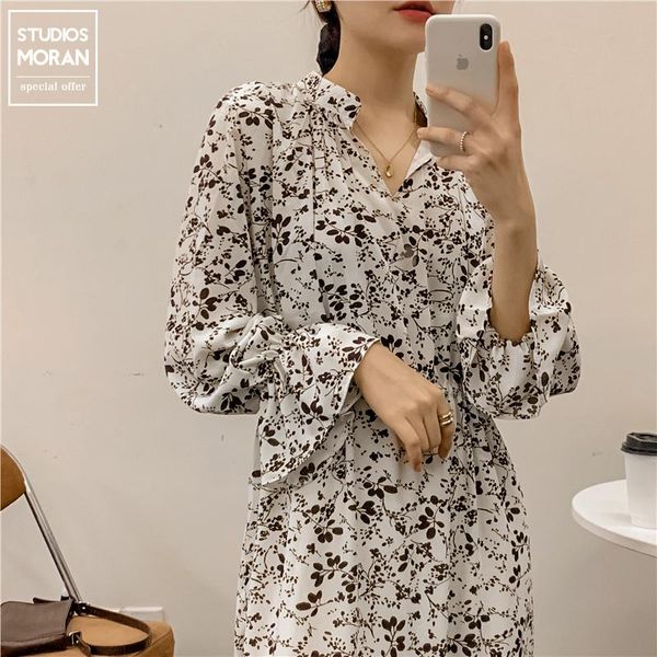 

ruffles full flower print one piece long dress spring autumn lady elegant retro robe longue vestido largo classy, Black;gray