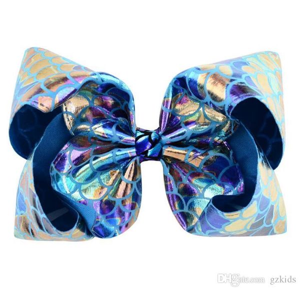 

jojo 8 inch kids hair bow sequined bow hairpin dazzling pu leather fish scale headdress ing, Slivery;white