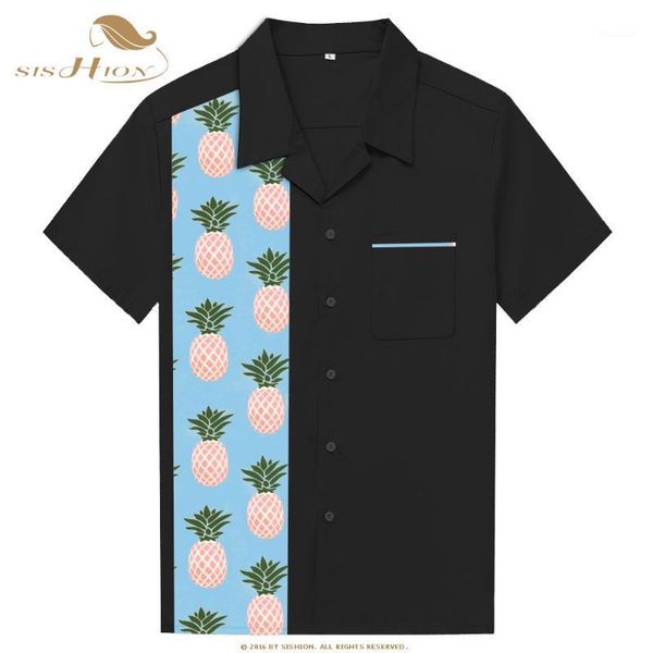 

sishion men's retro bowling shirts st110 pineapple print black short sleeve vintage summer cotton men shirt1, White;black