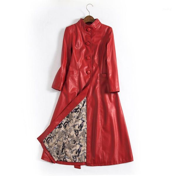 

women long leather jacket new autumn clothes solid color stand collar single-breasted leather windbreakers female outerwear coat1, Black