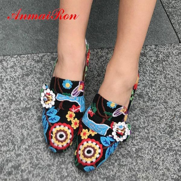 

anmairon 2020 basic round toe party slip-on flock women high heels square heel ethnic wedding shoes embroider womens shoes 34-431, Black