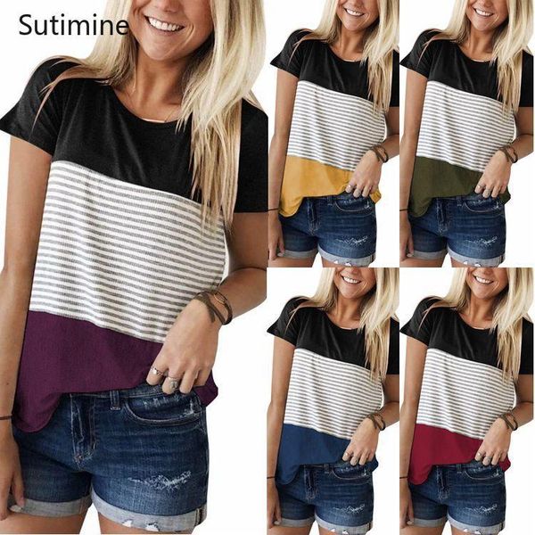 

sutimine 2021 summer t shirt women stripe patchwork t-shirt elegant soft casual loose short sleeve oversized t-shirt, White