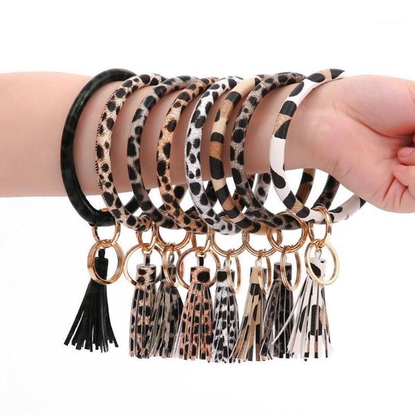 

leopard print keyring bracelet bangle tassel faux leather key holder chain gift keyring bracelet bangle key chain1, Golden;silver