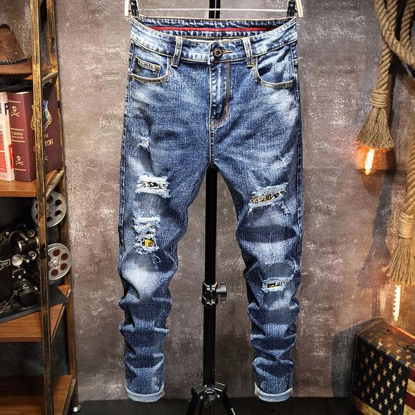 

blue ripped jeans men's new yellow matching patchwork jeans ripped stretch slim trousers washed motorcycle hip-hop streetwear