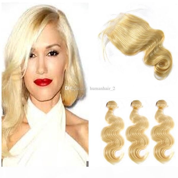 

new arrive body wave human hair blonde lace closure with bundles malaysian virgin hair 3 bundles with 4x4 lace closure middle part, Black;brown