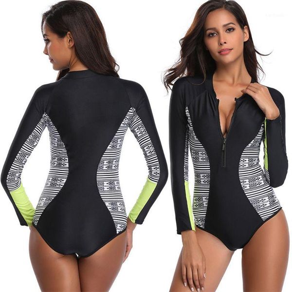 

bikinis set women one piece long sleeve rashguard wetsuit geometric rhombus stripes splicing swimsuit sunscreen zip front surfing beachwear1