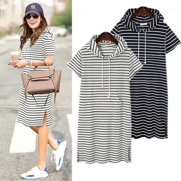 

leosoxs 2021 summer new hooded short sleeve women's dress casual stripe loose splite pocket knee length ladies dresses plus size1, Black;gray
