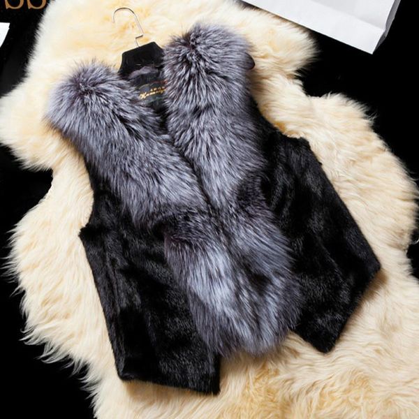 

2021 new ladies whole mink faux fur vest big silver fur collar vest short jacket korean version b260, Black