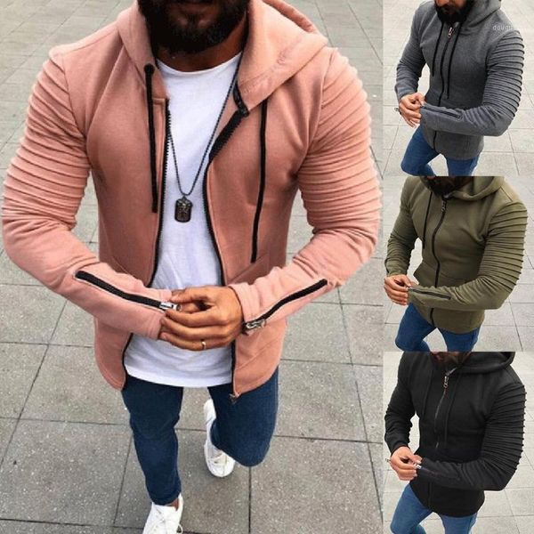 

large size hooded jacket men autumn pleated long sleeve drawstring hooded cardigan zipper men jacket1, Black;brown