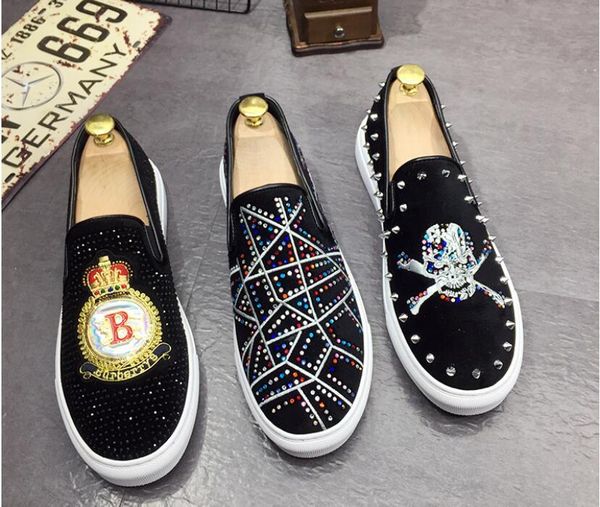 

new dandelion spikes flat leather shoes rhinestone fashion men embroidery loafer dress shoe smoking slipper casual wedding shoes, Black