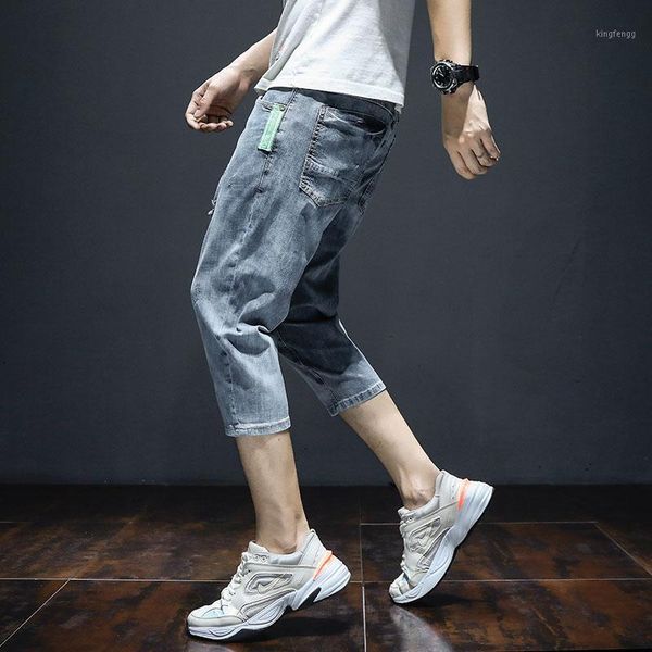 

korean style men baggy ripped jeans man blue straight stretch jean calf-length pants 2020 fashion summer distressed short denim1