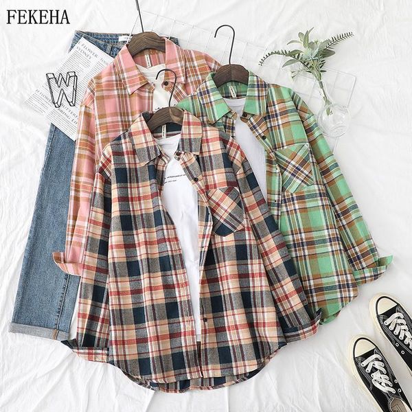

womens plaid shirts chic checked blouses long sleeve female casual print shirts loose cotton blusas autumn news1, White
