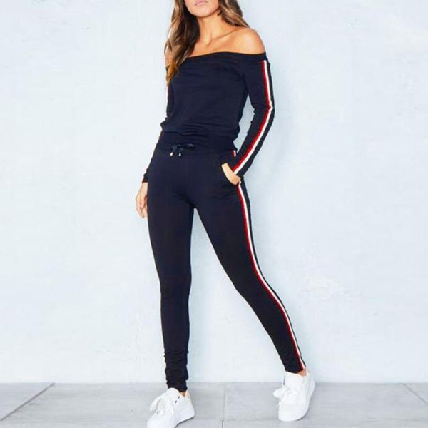 

gym clothing off shoulder tracksuits 2 set piece woman sweatshirt long pants pockets club suits overalls outfit casual sportswear #c1, White;black